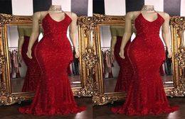 2019 Red Sparkling Sequins Mermaid Long Prom Dresses Halter Beaded Backless Sweep Train Formal Party Evening Gowns8418300