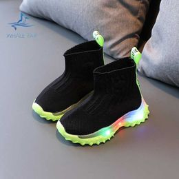 HBP Non-Brand New boys and girls LED luminous shoes flying knitting sneakers over-foot socks