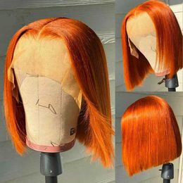 Synthetic Wigs Ginger Brown Lace Front Wig Bone Straight Lace Front Wig Raw Indian Human Hair Orange Ginger Lace Frontal Wig Short Bob Wig 180% 240329
