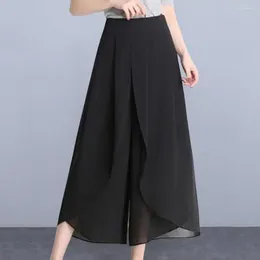 Women's Pants Women Skirt See-through Chiffon Split Hem High Elastic Waist Trousers Loose Wide Leg Mid-calf Length Cropped