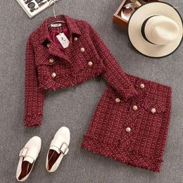 Work Dresses Fall Winter Vintage Gold Double-breasted Tweed Two Piece Set Women Tassel Woollen Cropped Jacket Coat Mini Skirts Suits