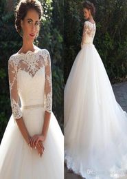 Vintage Lace ALine wedding dresses sheer High Neck with half Long Sleeves Pearls sash Princess custom made Cheap Bridal Dresses P9443201