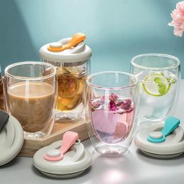 Wine Glasses Cute Portable Water Cup Double Wall Glass With Airtight Silica LeakProof Lid Transparent Insulated Coffee Milk Tea Juice Mug
