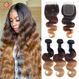 Wigs T1B/4/27 Ombre Body Wave Human Hair Bundles With Closure Transparent Lace Closure With Bundles Applegirl Brazilian Remy Hair