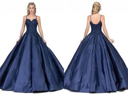 Simple Navy Blue Ball Gown Quinceanera Prom dresses with Spaghetti Straps Satin Open back Lace Evening Party Sweet 16 dress4860890