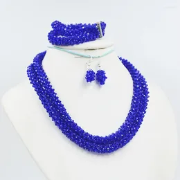 Necklace Earrings Set 2 Row 4MM Classic Royal Blue Crystal Necklace/Bracelet/Earrings Set. Luxury Women's Wedding