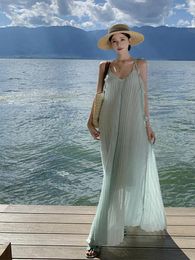 Casual Dresses Summer Blue V Neck Vacation Loose Pleated Long For Women Sexy Backless Bandage Sleeveless Elegant Pretty Dress Boho Chic