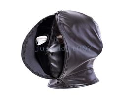 Full Head Zipper Eyes Nostril Opening Black Leather Bondage Hood Cosplay Mask Gf R656987006