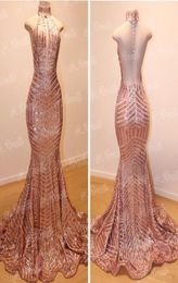 Bling Bling Rose Gold Mermaid Prom Dresses Sexy Backless High Jewel Neck Backless Formal Dress Evening Gowns Cheap robe vestidos d5052246