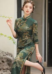 Ethnic Clothing Print Chinese Cheongsam Traditional Mandarin Collar Dress Autumn Qipao Vintage Style Simple Elegant Banquet Gown Vistidos