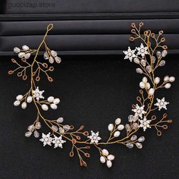 Tiaras New Wedding Hair Accessories Pearl Crystal Headband Prom Gold Headdress Bridal Hair Accessories Wedding Headwear Accessories Y240319