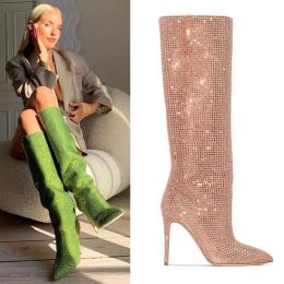 Boots Paris Station Fashion Women's Boots Pointed Toe High Heel Boots Sexy Crystal Boots Four Seasons Party Knee High Boots Big Size42