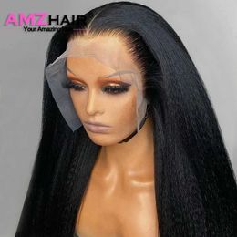 Synthetic Wigs Synthetic Wigs 30 32 Inch 13X4 Yaki Kinky Straight HD Transparent Lace Front Human Hair Wigs Brazilian 4X4 Lace Closure Frontal Wigs For Women 240327