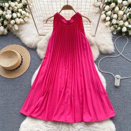 Casual Dresses Chic Solid Pleated Bow Slip Dress Elegant Halter Beach Vacation Sleeveless A-line Vestidos Summer Women