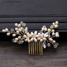 Tiaras Trendy Gold Crystal Pearl Hair Comb Hair Accessories Wedding tiara Bridal Headpiece Hair ornaments Bride Women Hair Jewelry Y240319
