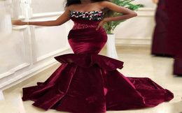 Burgundy Mermaid Prom Dress Beaded Flowers Evening Party Gowns Sweetheart Sweep Train Women Princess Party Wear2513234