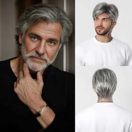 Synthetic Wigs HAIRCUBE Mens Short Grey Galaxy Highlight Synthetic Wigs with Bangs Natural Layered Wig for Stylish Male Guys Daily Party 240329