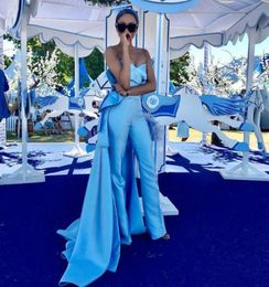 Sky Blue Prom Jumpsuit With Train 2020 Matte Stain Strapless Draped Peplum Arabic Dubai Occasion Evening Dresses Pant Suit9177515