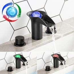 Bathroom Sink Faucets SKOWLL 8 Inch Widespread Faucet 3 Hole LED Waterfall Vanity Color Changing Water Matte Black