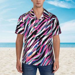 Men's Casual Shirts Colourful Zebra Print Hawaiian Shirt Mens Beach Abstract Stripes Short-Sleeved Breathable Novelty Oversized Blouses