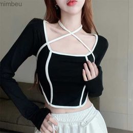 Women's T-Shirt Womens Tops Cross Halter Slim Sexy Expose Navel Long Sleeves Casual T-shirt Square Neck Colour ContrastC24319