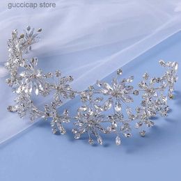 Tiaras Bridal Hairband Luxury Rhinestone Flower Headdress Wedding Full of Diamond Double-layer Hair hoop Jewellery Silver Accessories Y240319