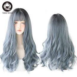 Synthetic Wigs Lace Wigs 7JHH WIGS Long Omber Corche Hair Wigs with Bangs For Women Synthetic Soft Loose Light Blue Wig Beginner Friendly High Density 240328 240327