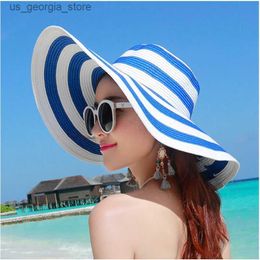 Wide Brim Hats Bucket Hats Hot selling fashion Hepburn style black and white striped bow summer sun hat beautiful womens Str beach hat large conical hat Y240319