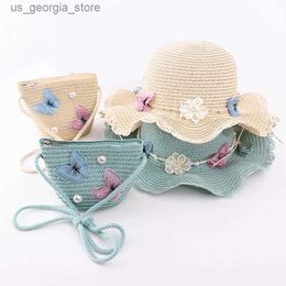 Wide Brim Hats Bucket Hats Summer Childrens Leisure Butterfly Str Hat Handbag Set Childrens and Girls Outdoor Vacation Panama Hat Str Bag Sun Hat Y240319