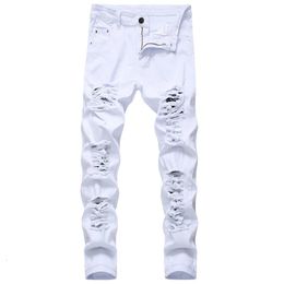 Straight Hole Destruction Trousers Distressed Jeans Men Denim Fashion Designer Brand White Pants Male Large Size 40 42 240313