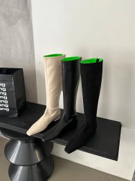 Boots Black Beige Women Knee High Boots Square Toe Sock Stretch Booties Flat Low Heels Back Zipper Patent Leather Winter Autumn Botas