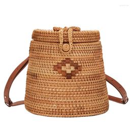 School Bags Handmade Woven Rattan Backpacks Women Pu Leather Bow Hasp Inside Blue Flowers Print Backpack Ladies Double Straps