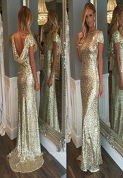 Fashion Champagne Gold Sequins Long Bridesmaid Dresses Sparkly Short Sleeve Backless Wedding Junior Party Gowns Maid of Honour Dres6576324