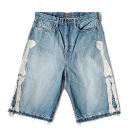 KAPITAL Hirata Hohiro Loose Relaxed Pants Embroidered Bone Wash Used Raw Edge Denim Shorts for Men and Women Casual Jeans 240319