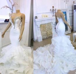 Tiered Ruffles Long Sexy Bridal Gown Sexy Plunging V Neck Mermaid Wedding Dresses Crystals Beaded Plus Size Bride Dress8659323