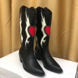 Boots Female Love Heart Mid Calf Boots Women Cute Cowgirls Cowboy Chunky Heel Vintage Fashion Punk Western Boot Embroidery Shoes Mujer