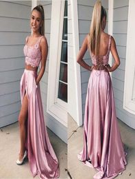 Rose Gold 2 Piece Prom Dresses Long Side Split Lace Satin Spaghetti Laceup Evening Gowns Formal Dress vestido de novia Special Oc6494146