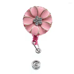 Brooches 10pcs/lot Style Pink/White/Black Enamel With Rhinestone Flower Retractable Pull Reel Name Holder