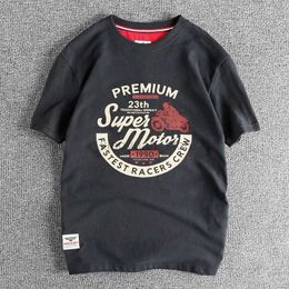 Men's T-Shirts 2024 Summer New American Retro Short Sleeve Motorcycles Round Neck T-shirt with Print Men Simple 100% Cotton Washed Casual Youth Tops 240327