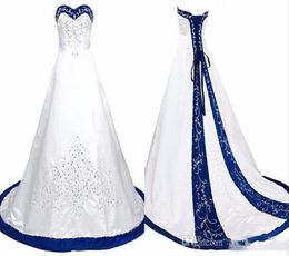 Royal Blue And White Wedding Dress Embroidery Princess Satin A line Lace up Back Court Train Sequins Beaded Long Cheap Wedding Gow8811634