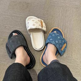 Denim Letter Print Hook and Loop Flat Slippers Female Open Toe Wearing Thick-soled Lazy Sandals Sals