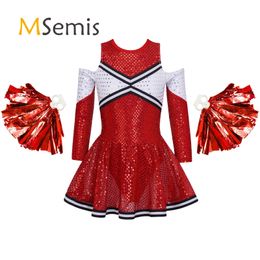 Kids Girls Cheerleading Uniform Long Sleeve Round Neckline Sequin Dress with 1 Pair Tassel Flower Balls Set Cheer Dance Costume 240305