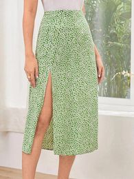 Skirts Slit Long Green Boho Split Thigh Allover Floral Print Women 2024 Elegant High Waist Stretch
