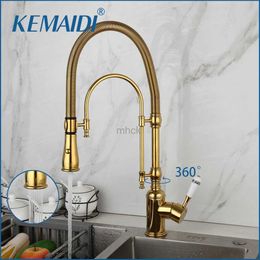 Kitchen Faucets KEMAIDI Golden Spring Down kitchen sink hot and cold mixer crane with two spouts mounted on board for hot cold faucets 240319