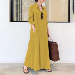 Casual Dresses Summer For Women 2024 Cotton Linen Solid Colour Dress Long Sleeve Pocket Relaxed Maxi Shirt