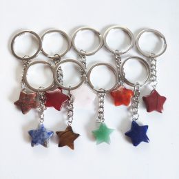 Natural Stone Star Key Rings Keychains Healing Pink Crystal Car Decor Key Chain Keyholder for Women Men