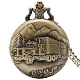 Vintage Bronze Retro Big Truck Forest Tree Pocket Watch Quartz Analogue Watches Necklace Chain for Car Driver Men Women Gift278k