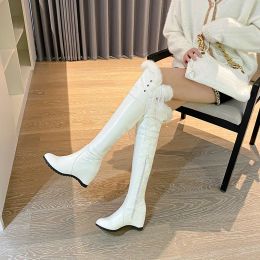 Boots PU Soft Leather Over Knee High Heels Boots Platform Warm Plush Snow Boots Woman Winter Long Boots Zapatos Mujer Black White Pink