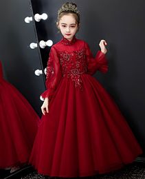 Lovely Wine Tulle Long Sleeves Applique Beads Girl's Birthday Dresses Flower Girl Dress Girl's Pageant Dresses Girl's Party Skirt Girl's Skirt Custom SZ 2-12 D319053