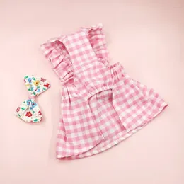 Dog Apparel Pet Dress With Plaid Print Set Sleeves Headdress Clothes Skirt For Summer Cat Clothing Supplies Easy